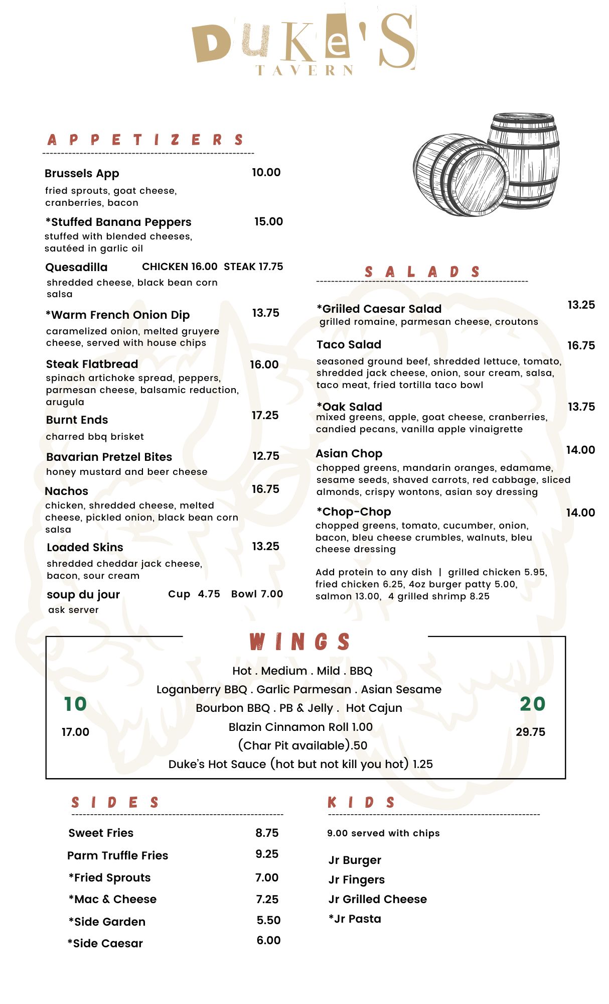 Duke's Tavern Menu