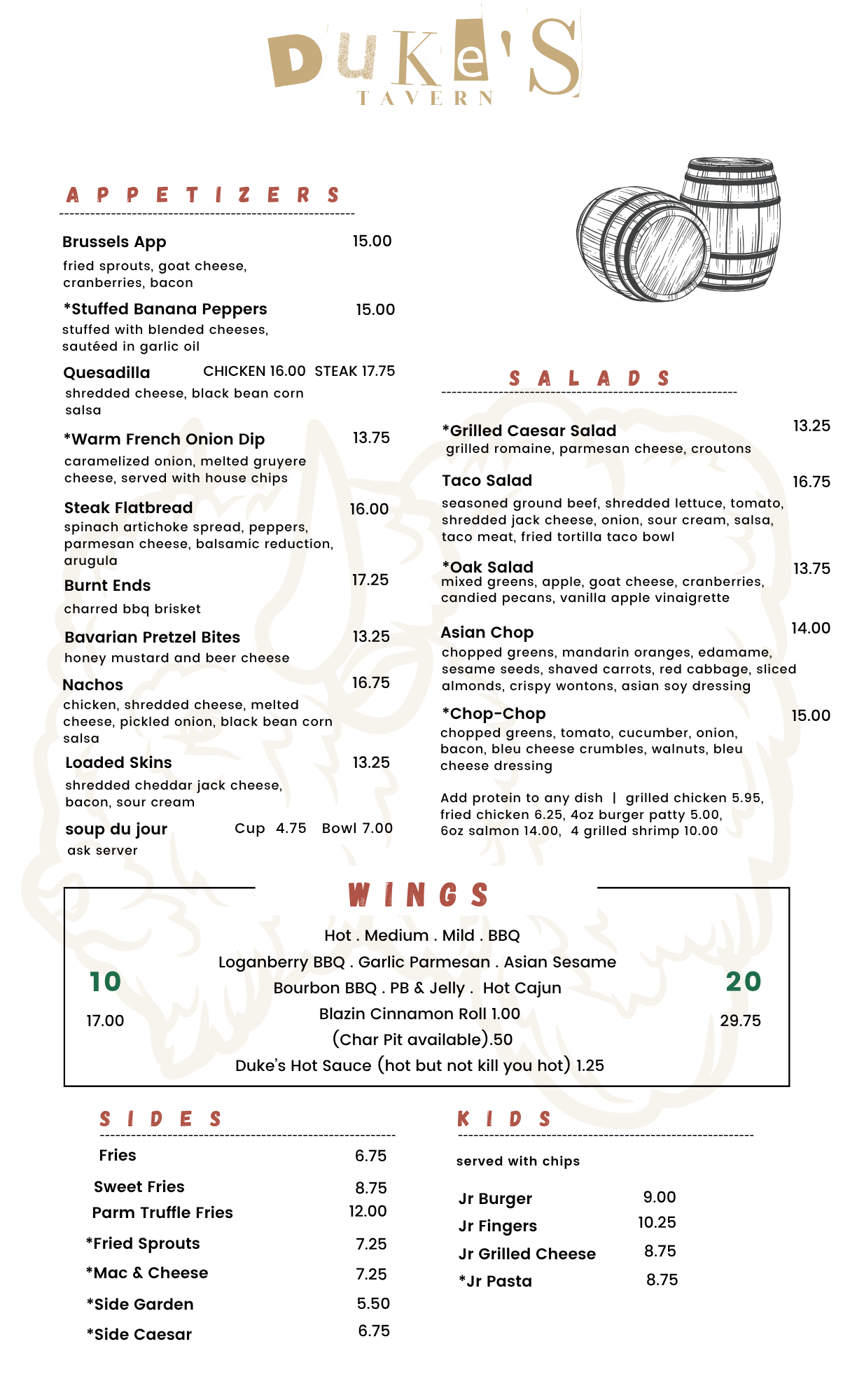 Duke's Tavern Menu
